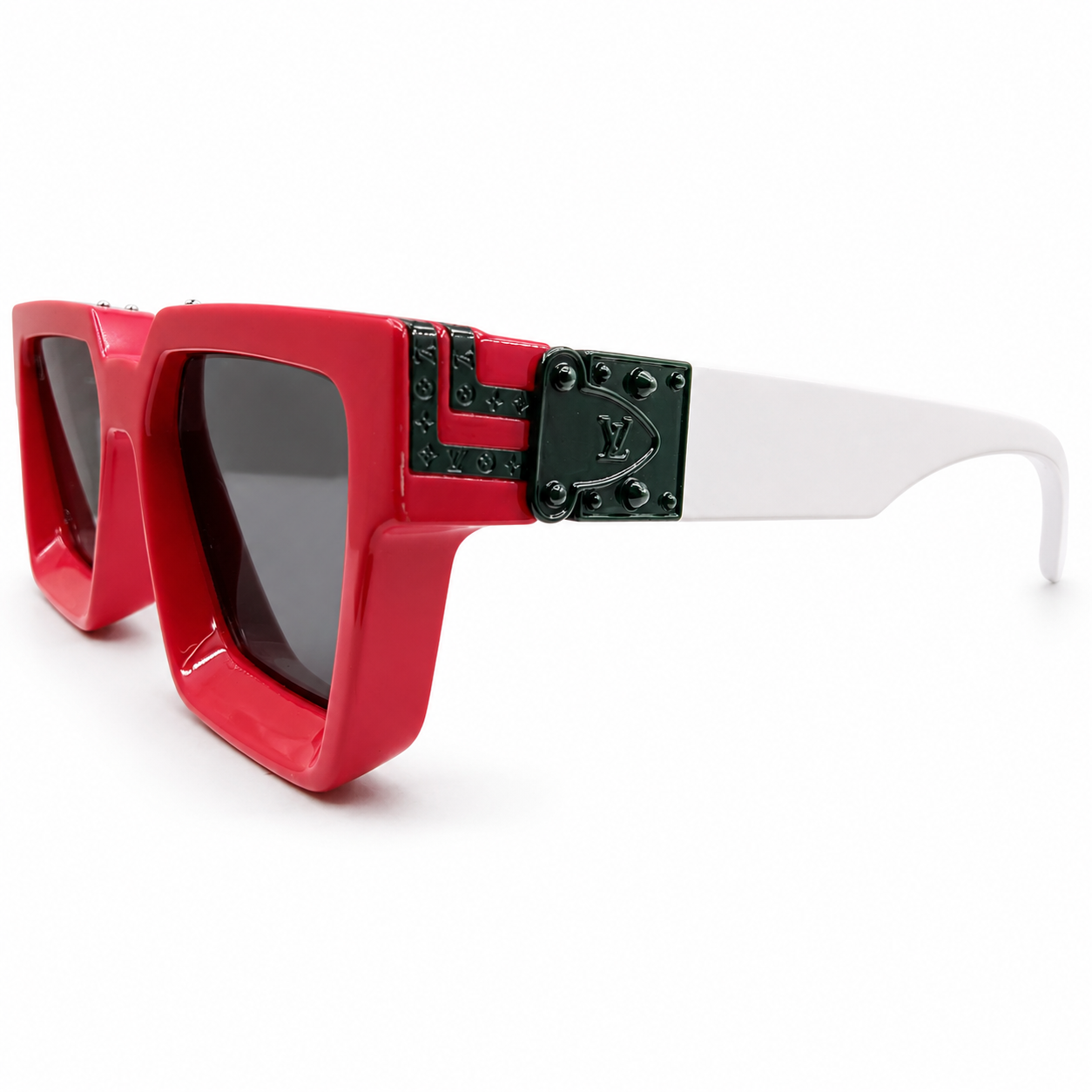 Louis Vuitton 96006 Millionaire Square Sunglasses for Men – Red Multicolor Acetate Frame, LV Monogram Hardware, Solid Black UV400 Protection Lenses