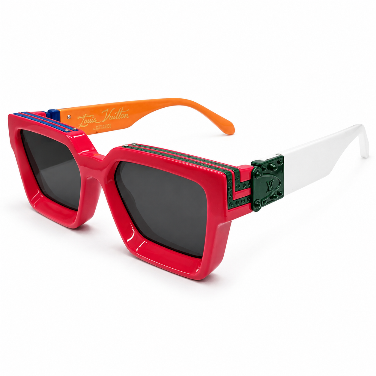 Louis Vuitton 96006 Millionaire Square Sunglasses for Men – Red Multicolor Acetate Frame, LV Monogram Hardware, Solid Black UV400 Protection Lenses