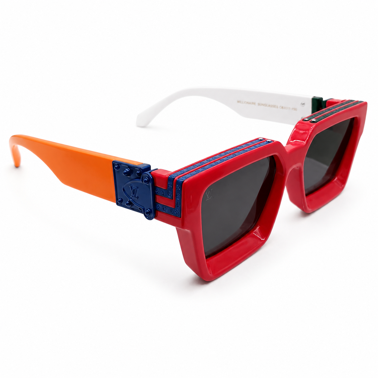 Louis Vuitton 96006 Millionaire Square Sunglasses for Men – Red Multicolor Acetate Frame, LV Monogram Hardware, Solid Black UV400 Protection Lenses