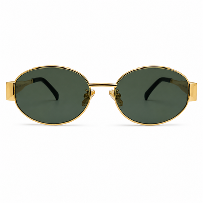 Celine Triomphe 40235U Oval Sunglasses for Men & Women – Gold Metal Frame, Tortoiseshell Temple Tips, Green UV Protection Lenses – Luxury Designer Eyewear
