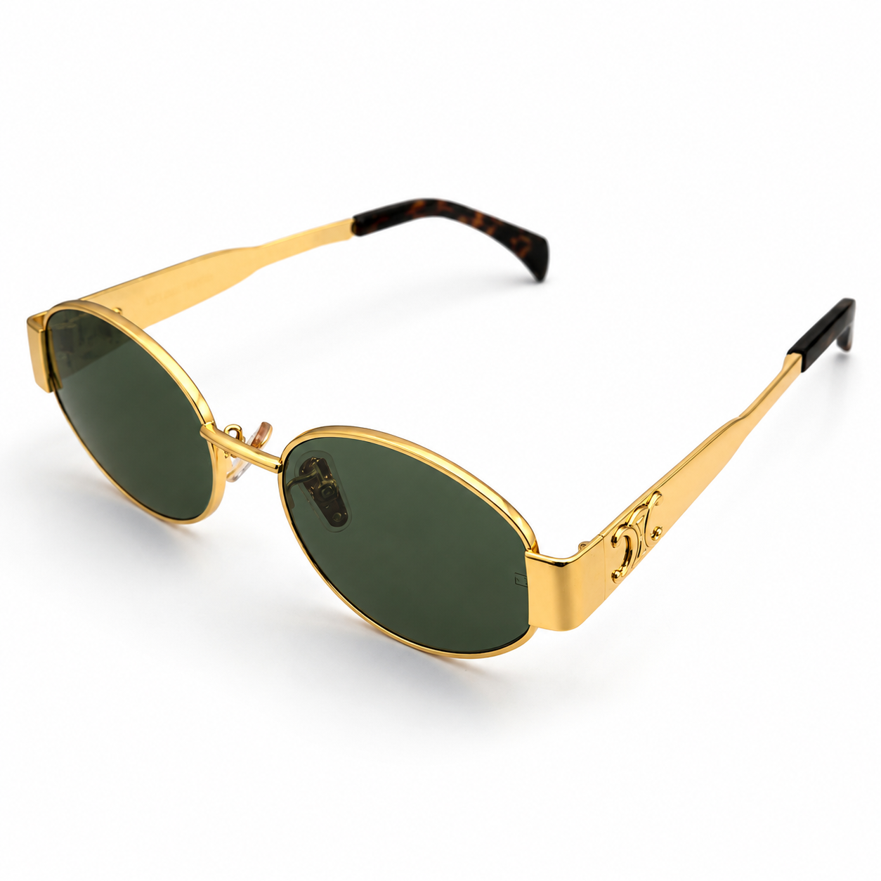 Celine Triomphe 40235U Oval Sunglasses for Men & Women – Gold Metal Frame, Tortoiseshell Temple Tips, Green UV Protection Lenses – Luxury Designer Eyewear
