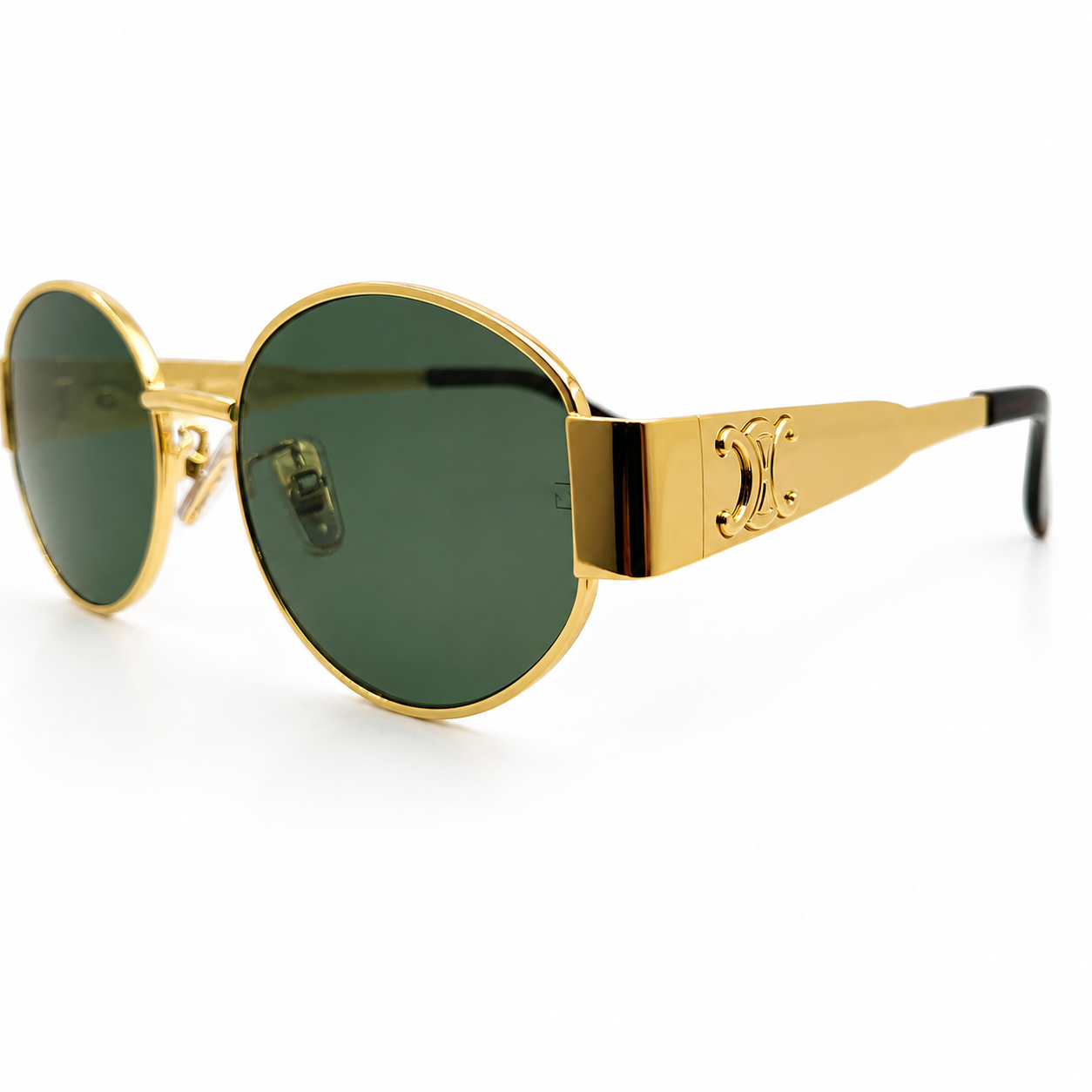 Celine Triomphe 40235U Oval Sunglasses for Men & Women – Gold Metal Frame, Tortoiseshell Temple Tips, Green UV Protection Lenses – Luxury Designer Eyewear