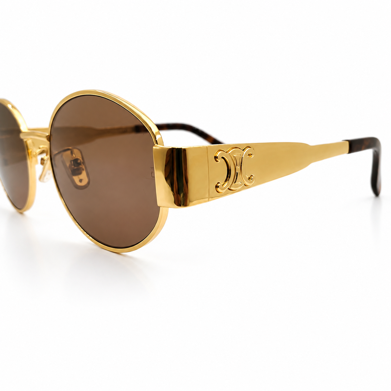 Celine Triomphe 40235U Oval Sunglasses for Men & Women – Gold Metal Frame, Tortoiseshell Temple Tips, Brown UV Protection Lenses – Luxury Designer Eyewear