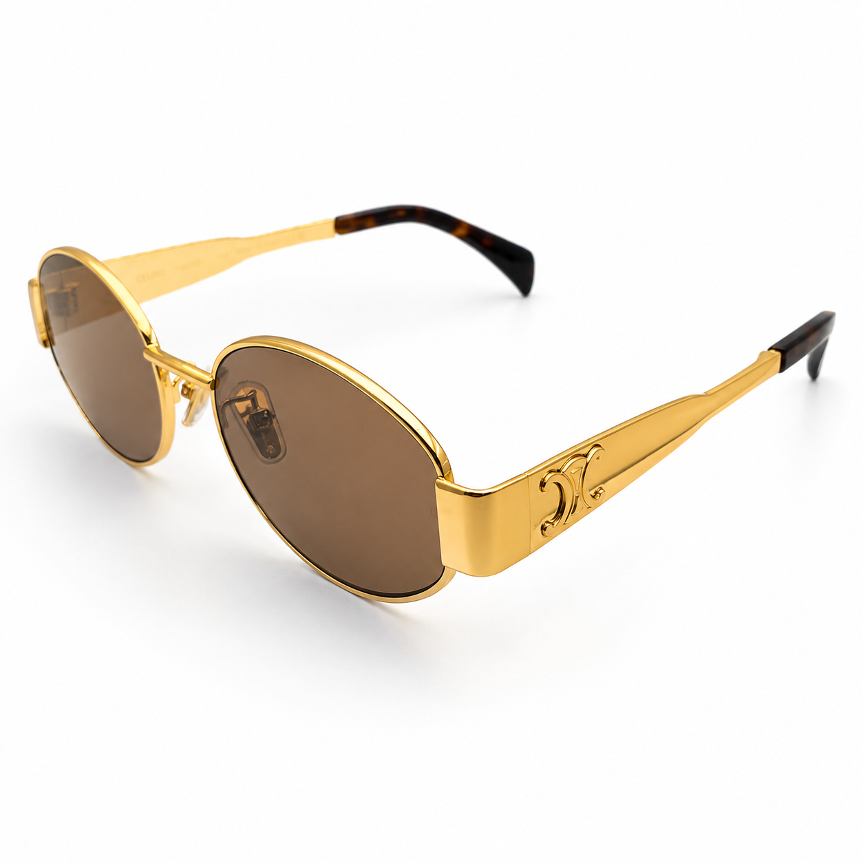 Celine Triomphe 40235U Oval Sunglasses for Men & Women – Gold Metal Frame, Tortoiseshell Temple Tips, Brown UV Protection Lenses – Luxury Designer Eyewear