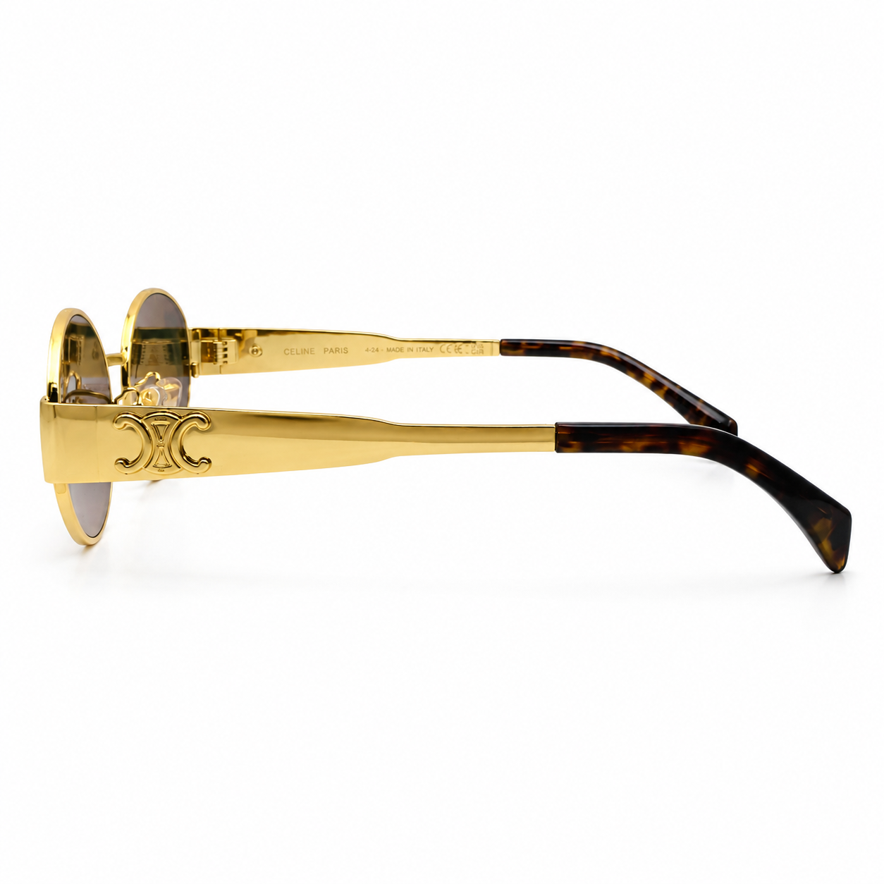 Celine Triomphe 40235U Oval Sunglasses for Men & Women – Gold Metal Frame, Tortoiseshell Temple Tips, Brown UV Protection Lenses – Luxury Designer Eyewear