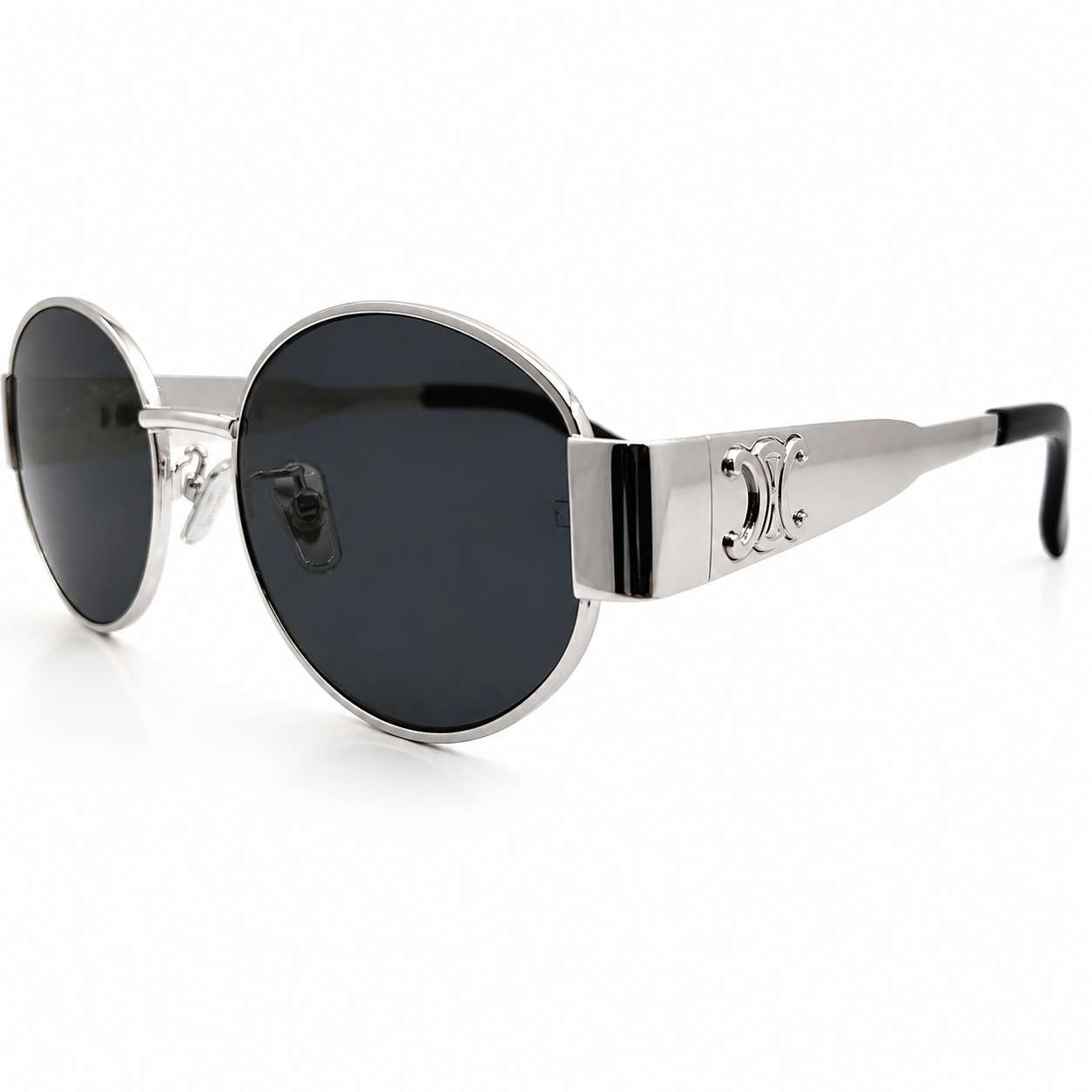 Celine Triomphe 40235U Oval Sunglasses for Men & Women – Silver Metal Frame, Black Temple Tips, Grey UV Protection Lenses – Luxury Designer Eyewear