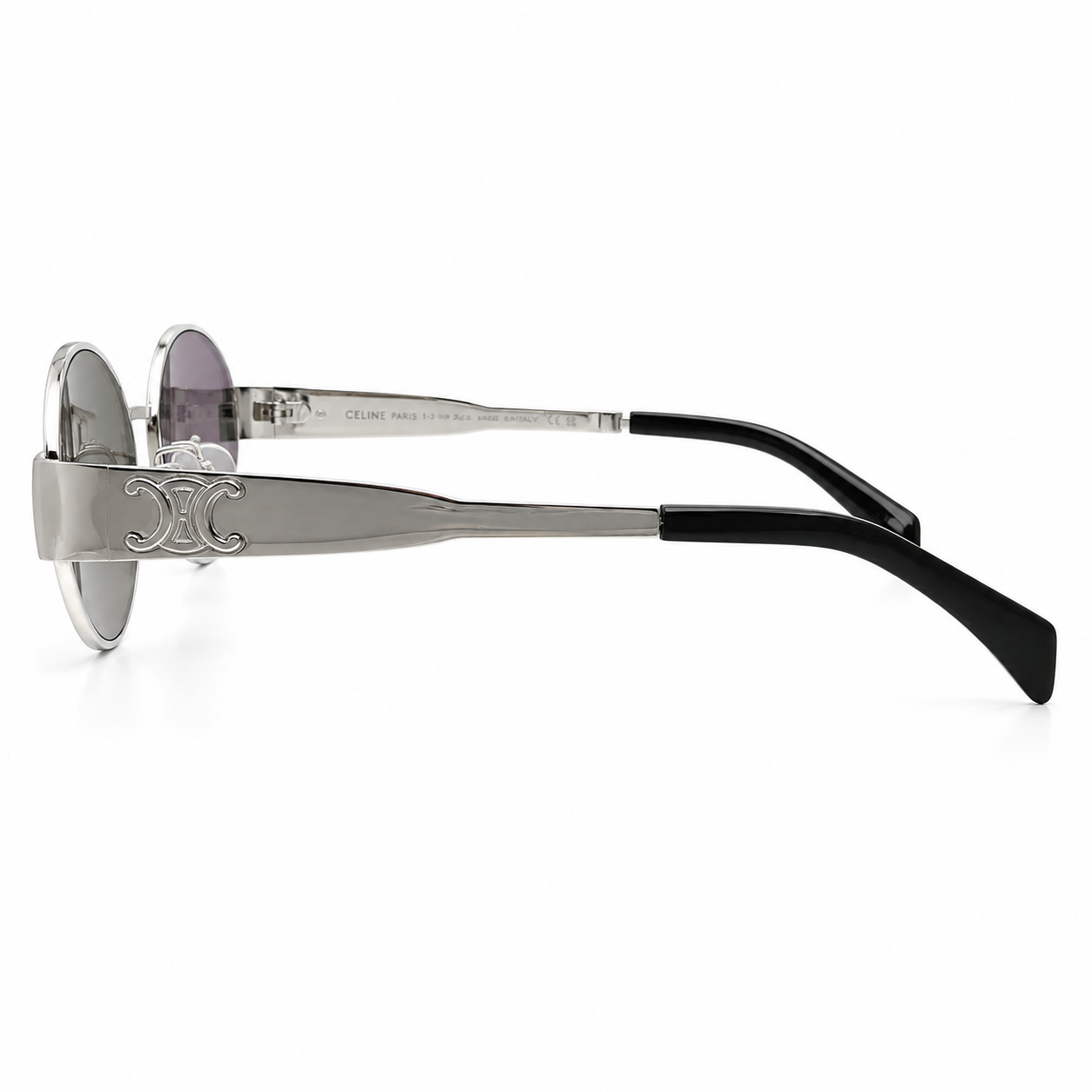 Celine Triomphe 40235U Oval Sunglasses for Men & Women – Silver Metal Frame, Black Temple Tips, Grey UV Protection Lenses – Luxury Designer Eyewear