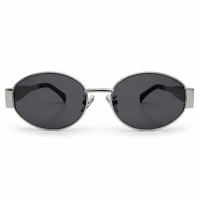 Celine Triomphe 40235U Oval Sunglasses for Men & Women – Silver Metal Frame, Black Temple Tips, Grey UV Protection Lenses – Luxury Designer Eyewear