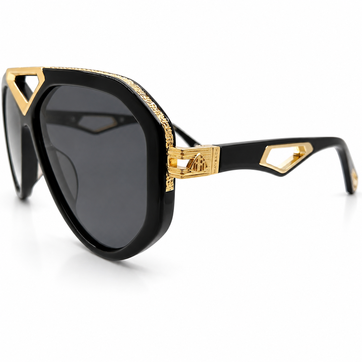 Maybach 071 Aviator Sunglasses for Men – Black Acetate Frame, Textured Gold-Tone Hardware, Grey UV Protection Lenses – Luxury Designer Eyewear