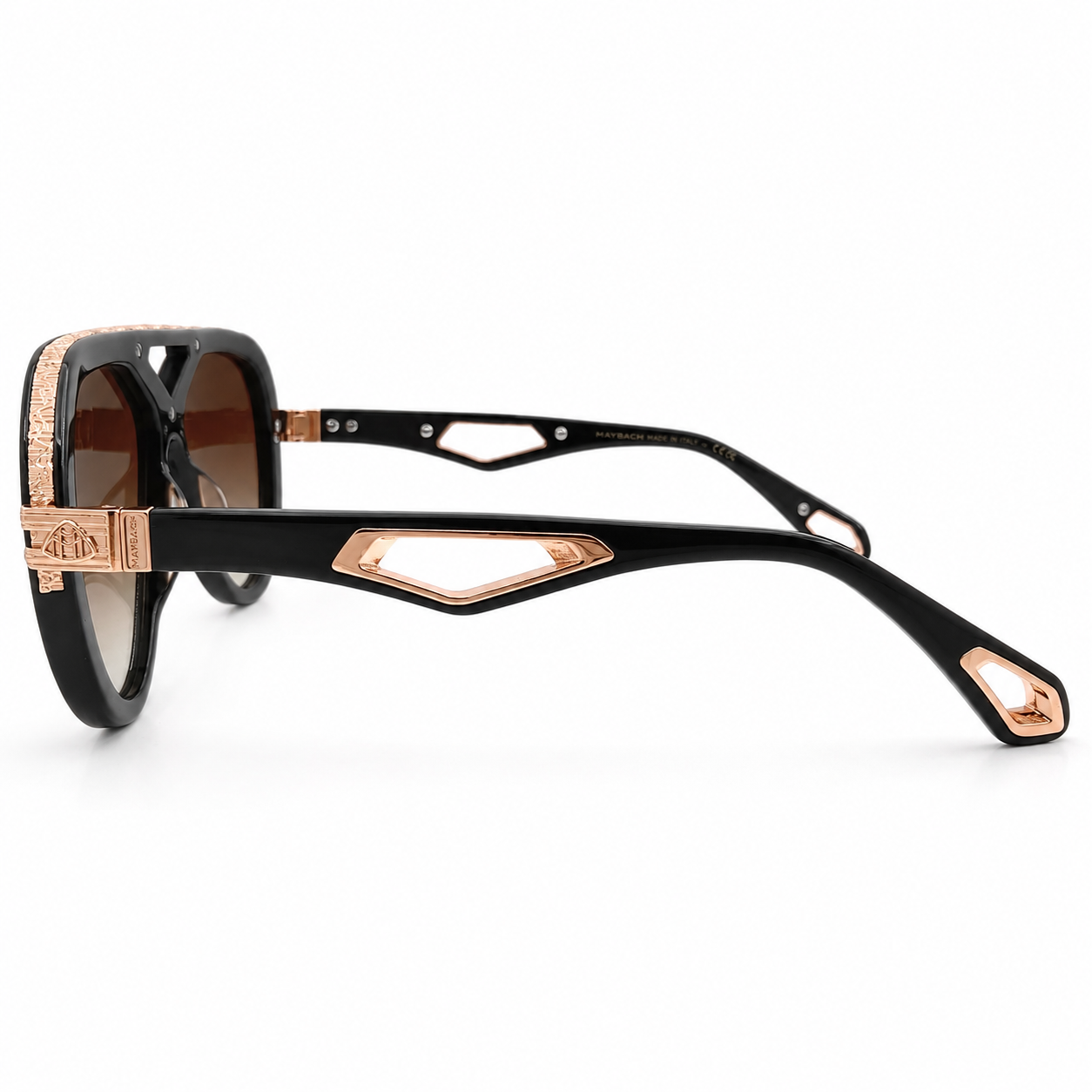 Maybach 071 Aviator Sunglasses for Men – Black Acetate Frame, Textured Rose-Gold Hardware, Brown Gradient Lenses – Luxury Designer Eyewear