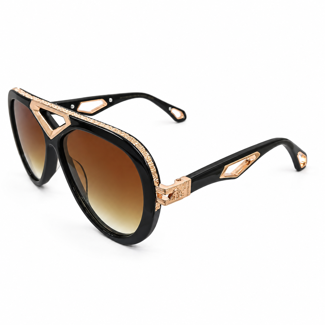 Maybach 071 Aviator Sunglasses for Men – Black Acetate Frame, Textured Rose-Gold Hardware, Brown Gradient Lenses – Luxury Designer Eyewear