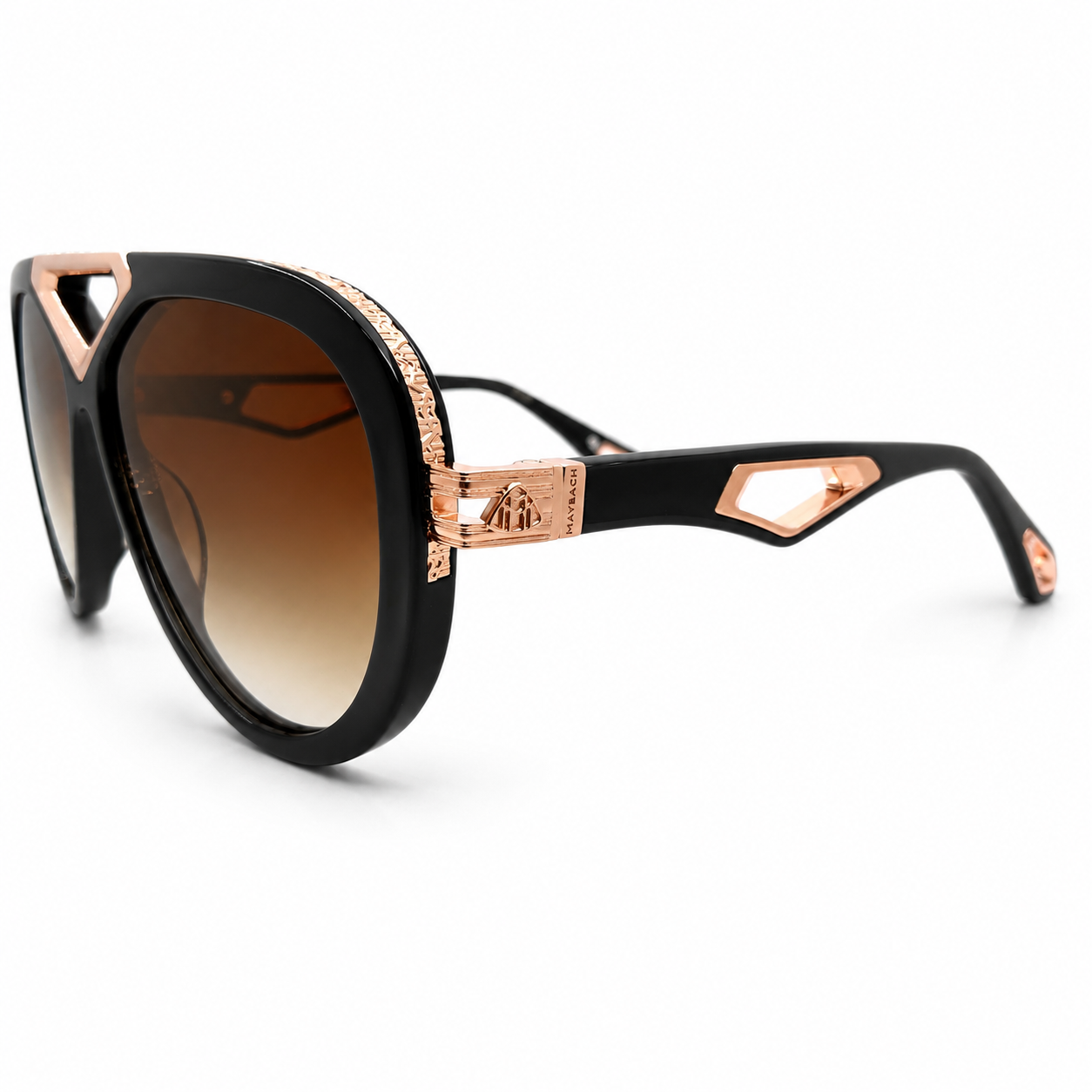 Maybach 071 Aviator Sunglasses for Men – Black Acetate Frame, Textured Rose-Gold Hardware, Brown Gradient Lenses – Luxury Designer Eyewear