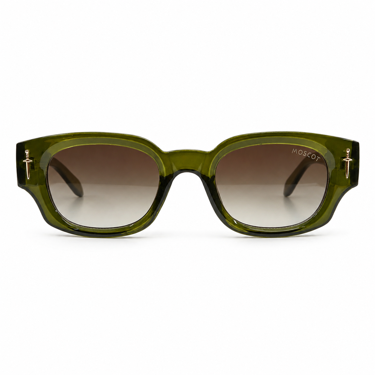 Moscot 135 Square Sunglasses for Men – Transparent Olive Green Acetate Frame, Gold Eagle Hardware, Brown Gradient UV400 Protection Lenses – Luxury Designer Eyewear