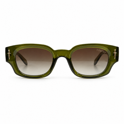 Moscot 135 Square Sunglasses for Men – Transparent Olive Green Acetate Frame, Gold Eagle Hardware, Brown Gradient UV400 Protection Lenses – Luxury Designer Eyewear