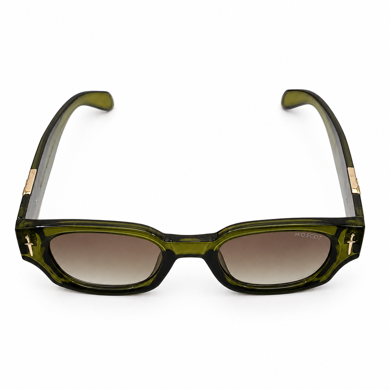Moscot 135 Square Sunglasses for Men – Transparent Olive Green Acetate Frame, Gold Eagle Hardware, Brown Gradient UV400 Protection Lenses – Luxury Designer Eyewear