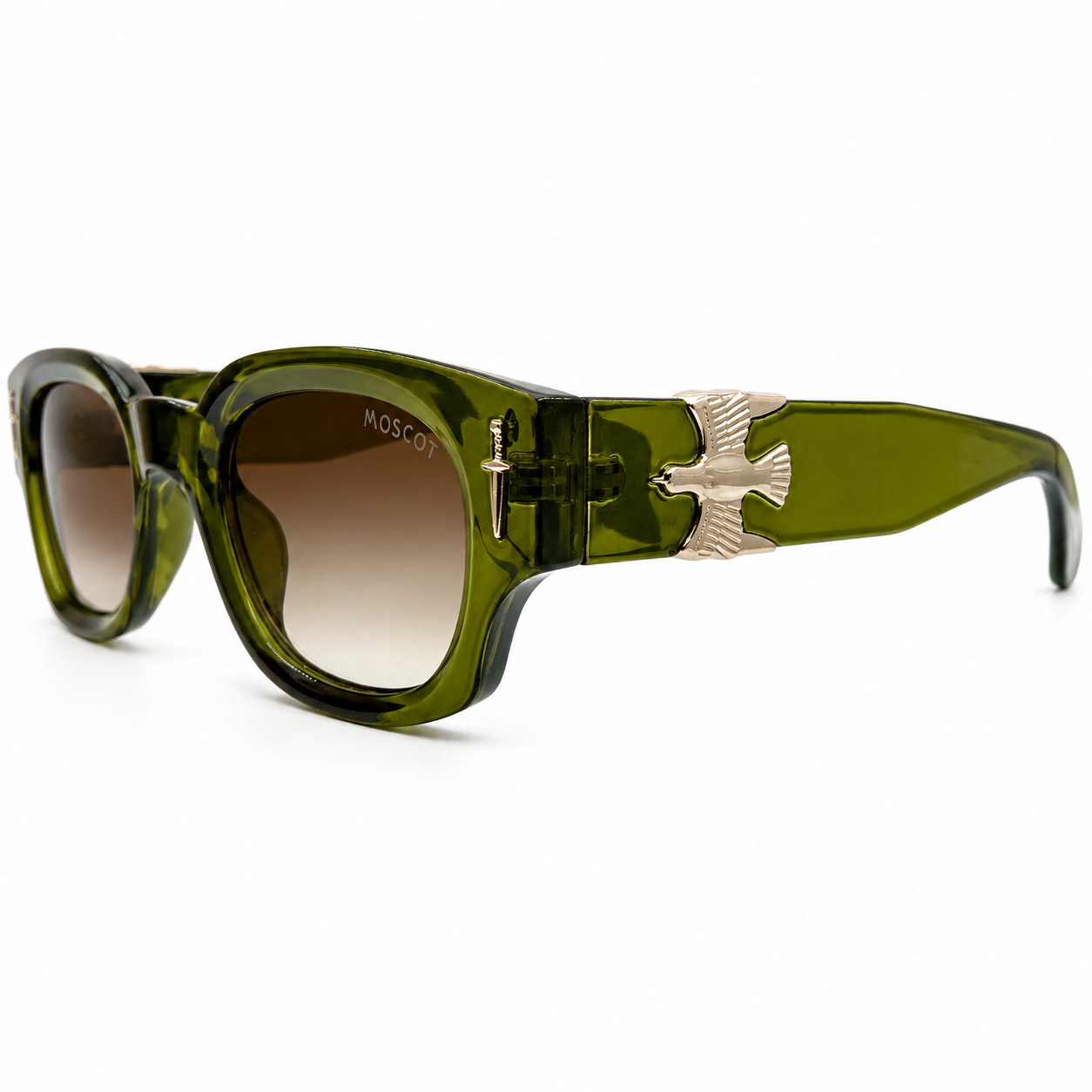 Moscot 135 Square Sunglasses for Men – Transparent Olive Green Acetate Frame, Gold Eagle Hardware, Brown Gradient UV400 Protection Lenses – Luxury Designer Eyewear