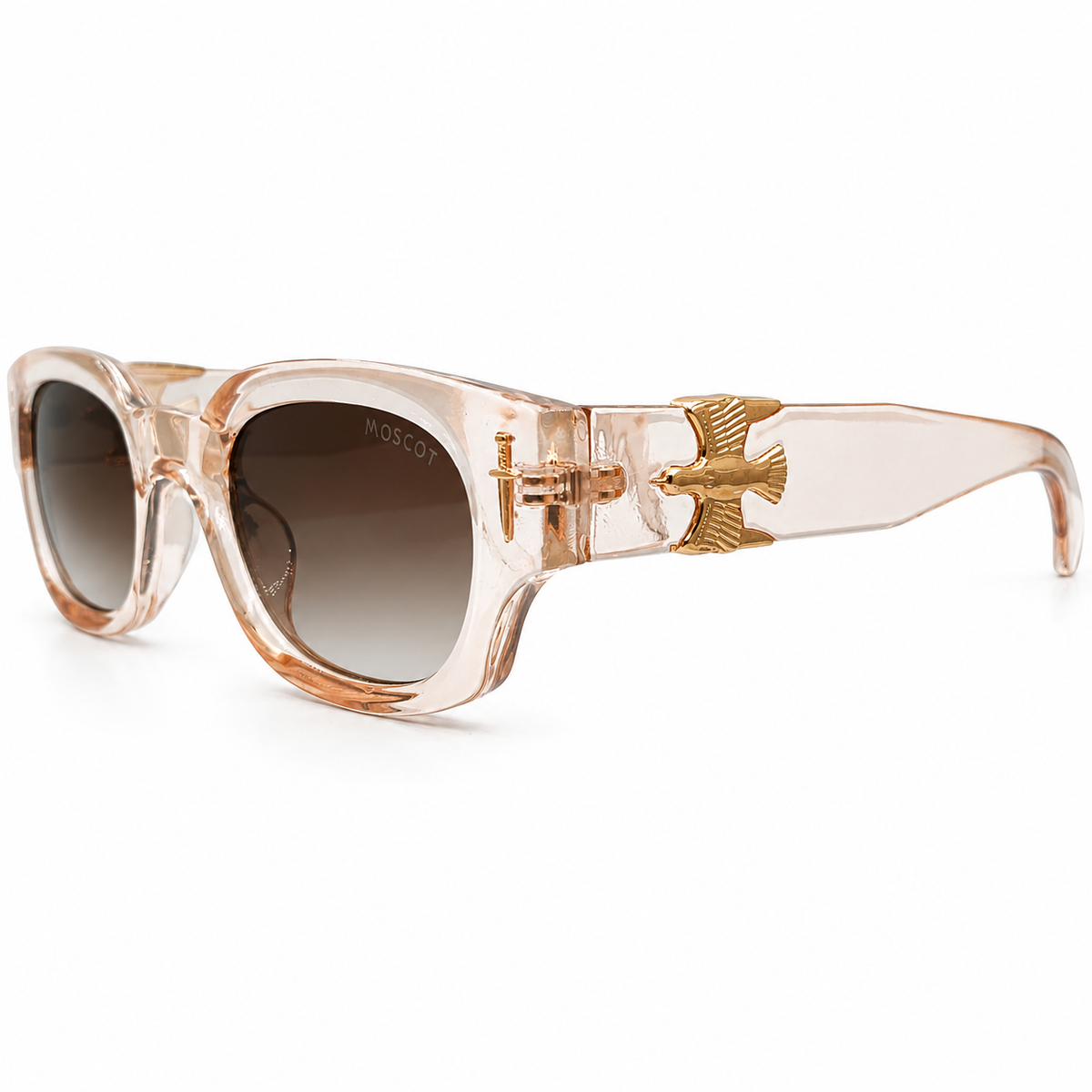 Moscot 135 Square Sunglasses for Men – Transparent Peach Acetate Frame, Gold Eagle Hardware, Brown Gradient UV400 Protection Lenses – Luxury Designer Eyewear