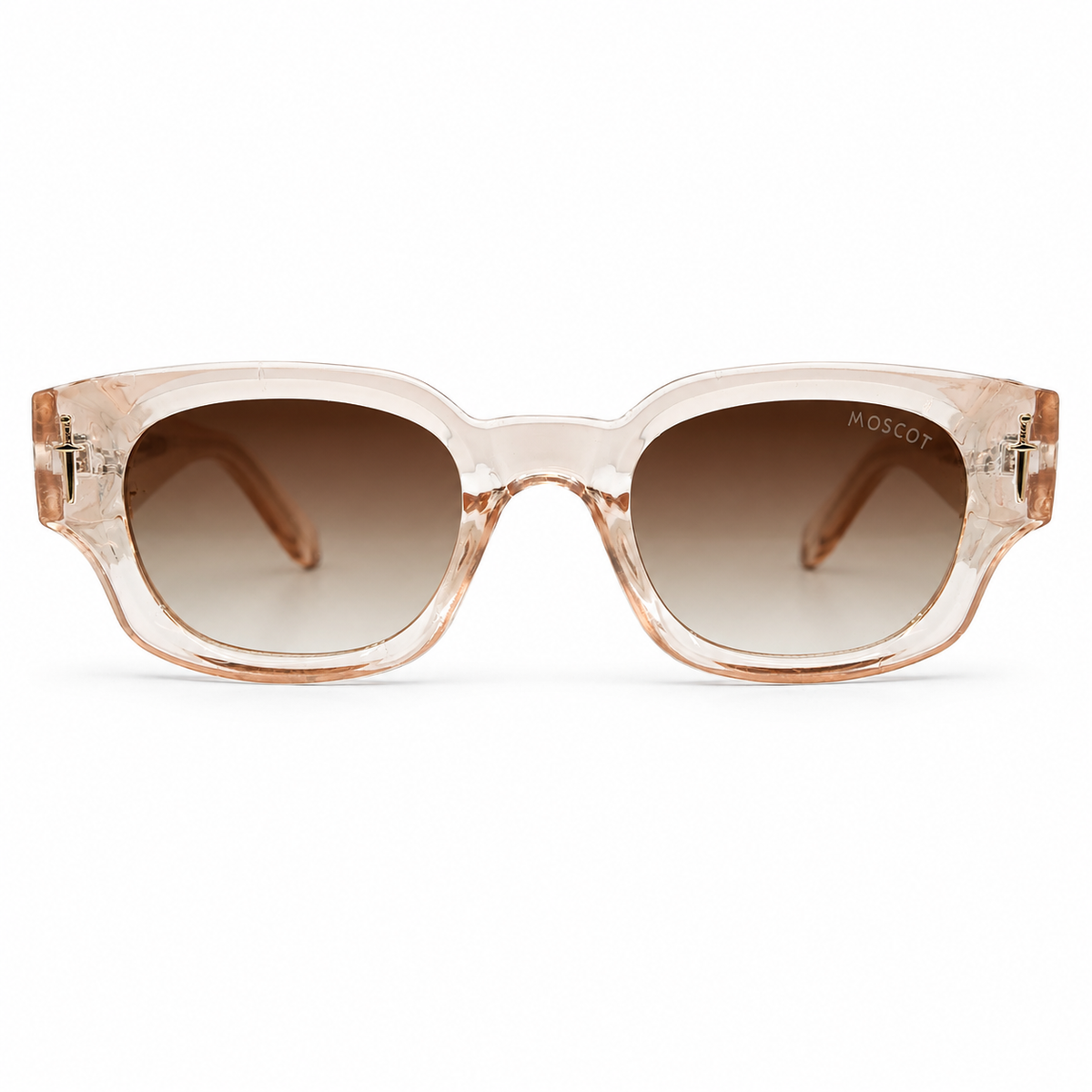 Moscot 135 Square Sunglasses for Men – Transparent Peach Acetate Frame, Gold Eagle Hardware, Brown Gradient UV400 Protection Lenses – Luxury Designer Eyewear