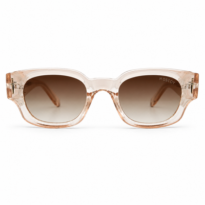 Moscot 135 Square Sunglasses for Men – Transparent Peach Acetate Frame, Gold Eagle Hardware, Brown Gradient UV400 Protection Lenses – Luxury Designer Eyewear