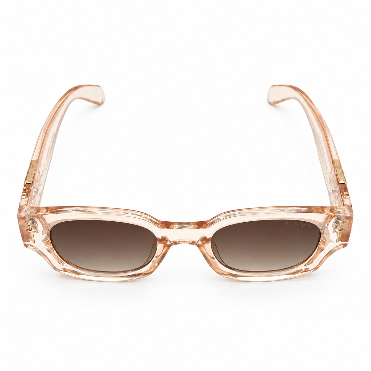 Moscot 135 Square Sunglasses for Men – Transparent Peach Acetate Frame, Gold Eagle Hardware, Brown Gradient UV400 Protection Lenses – Luxury Designer Eyewear