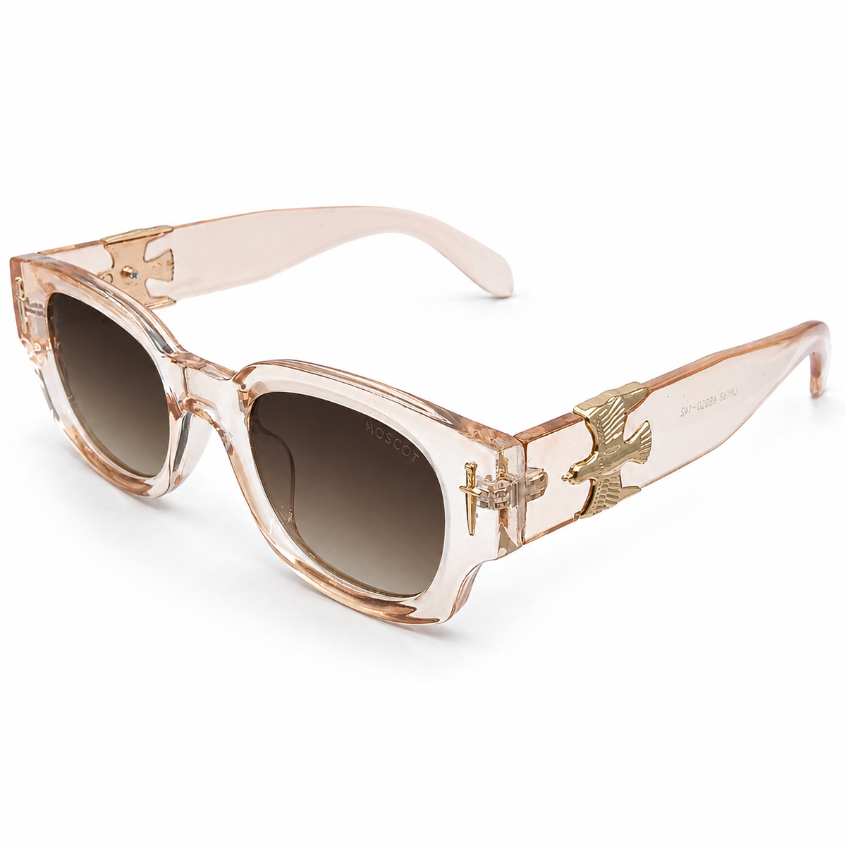 Moscot 135 Square Sunglasses for Men – Transparent Peach Acetate Frame, Gold Eagle Hardware, Brown Gradient UV400 Protection Lenses – Luxury Designer Eyewear