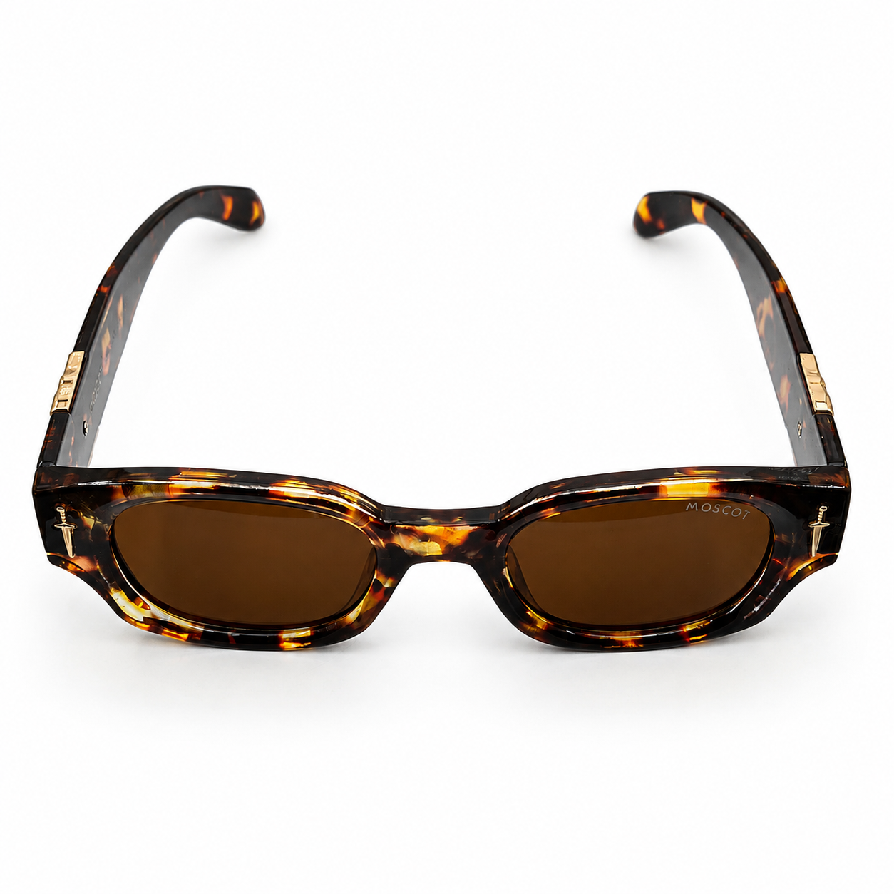 Moscot 135 Square Sunglasses for Men – Tortoiseshell Acetate Frame, Gold Eagle Hardware, Solid Brown UV400 Protection Lenses – Luxury Designer Eyewear