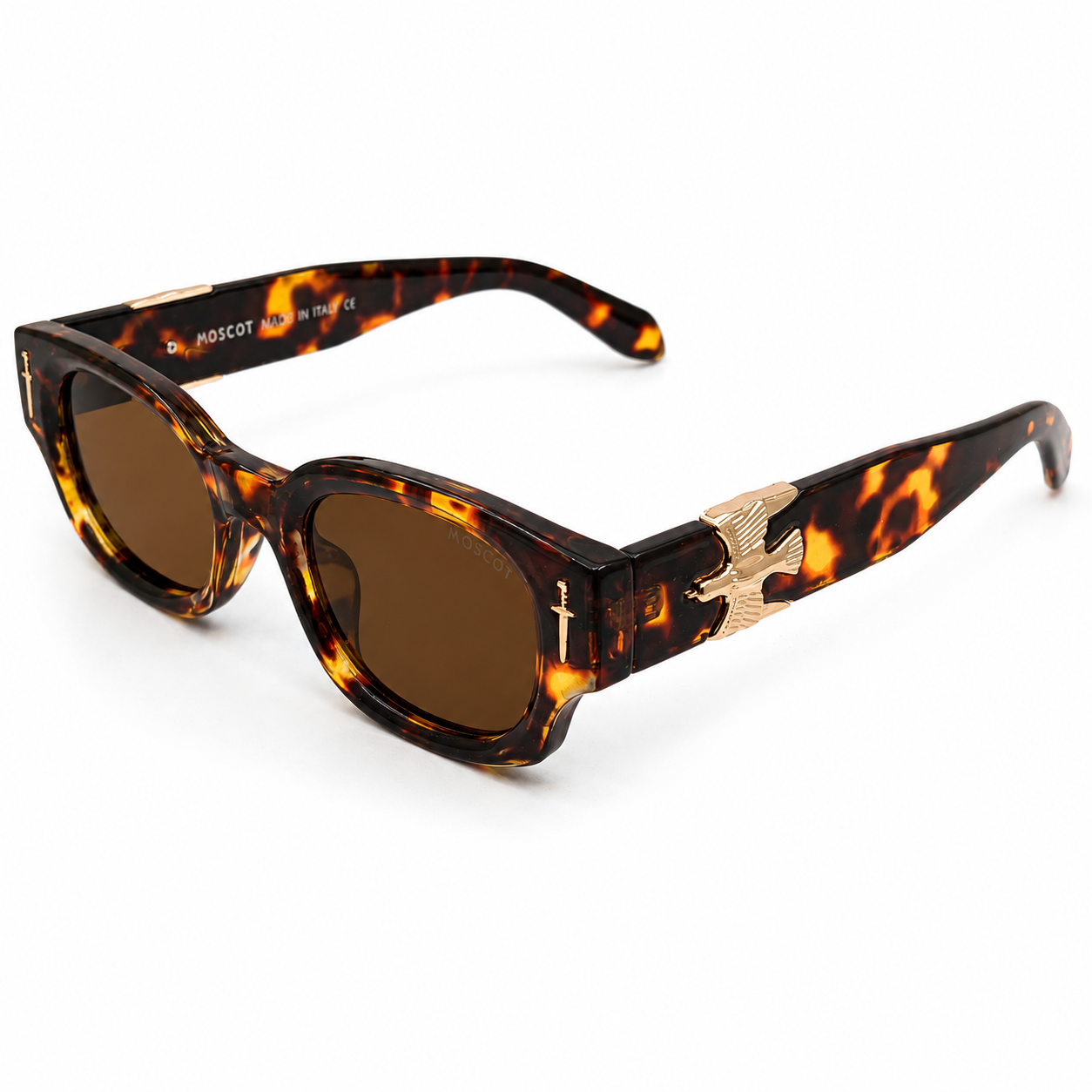 Moscot 135 Square Sunglasses for Men – Tortoiseshell Acetate Frame, Gold Eagle Hardware, Solid Brown UV400 Protection Lenses – Luxury Designer Eyewear