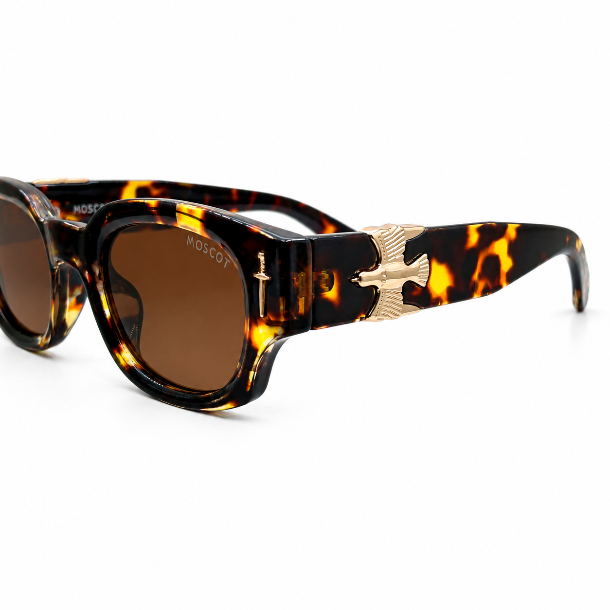 Moscot 135 Square Sunglasses for Men – Tortoiseshell Acetate Frame, Gold Eagle Hardware, Solid Brown UV400 Protection Lenses – Luxury Designer Eyewear