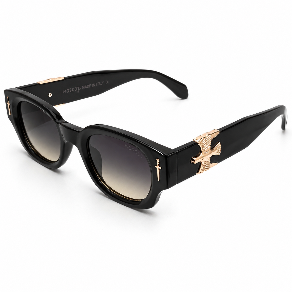 Moscot 135 Square Sunglasses for Men – Glossy Black Acetate Frame, Gold Eagle Hardware, Grey Gradient UV400 Protection Lenses – Luxury Designer Eyewear