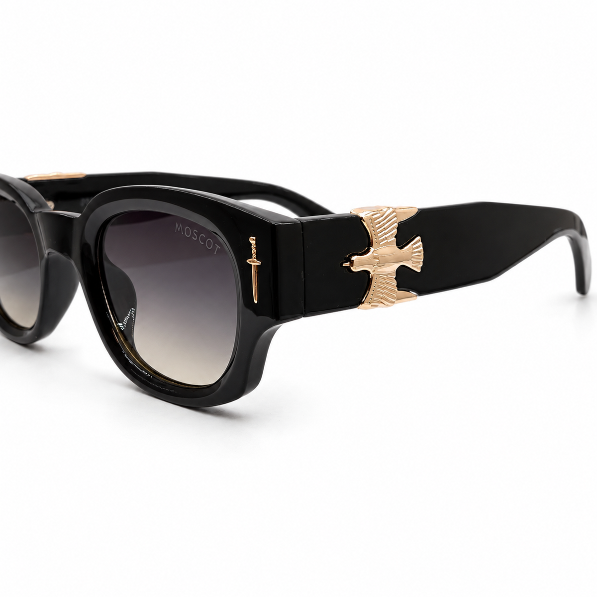 Moscot 135 Square Sunglasses for Men – Glossy Black Acetate Frame, Gold Eagle Hardware, Grey Gradient UV400 Protection Lenses – Luxury Designer Eyewear