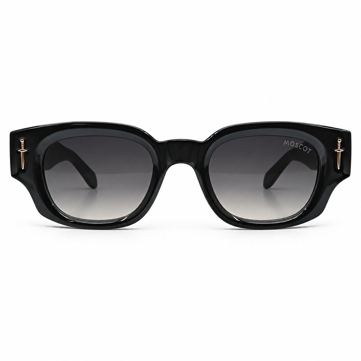Moscot 135 Square Sunglasses for Men – Glossy Black Acetate Frame, Gold Eagle Hardware, Grey Gradient UV400 Protection Lenses – Luxury Designer Eyewear