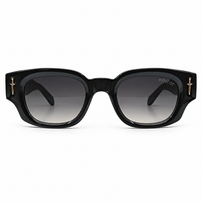Moscot 135 Square Sunglasses for Men – Glossy Black Acetate Frame, Gold Eagle Hardware, Grey Gradient UV400 Protection Lenses – Luxury Designer Eyewear