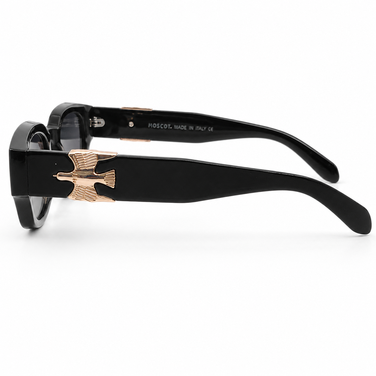 Moscot 135 Square Sunglasses for Men – Glossy Black Acetate Frame, Gold Eagle Hardware, Grey Gradient UV400 Protection Lenses – Luxury Designer Eyewear