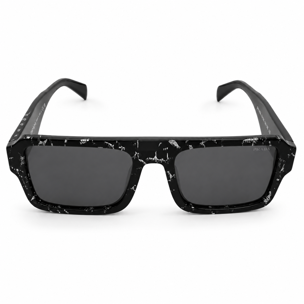 Prada A05 Marbled Rectangle Sunglasses for Men & Women – Black Crackled Acetate Frame, Silver-Fleck Detail, Grey UV Lenses – Luxury Designer Eyewear