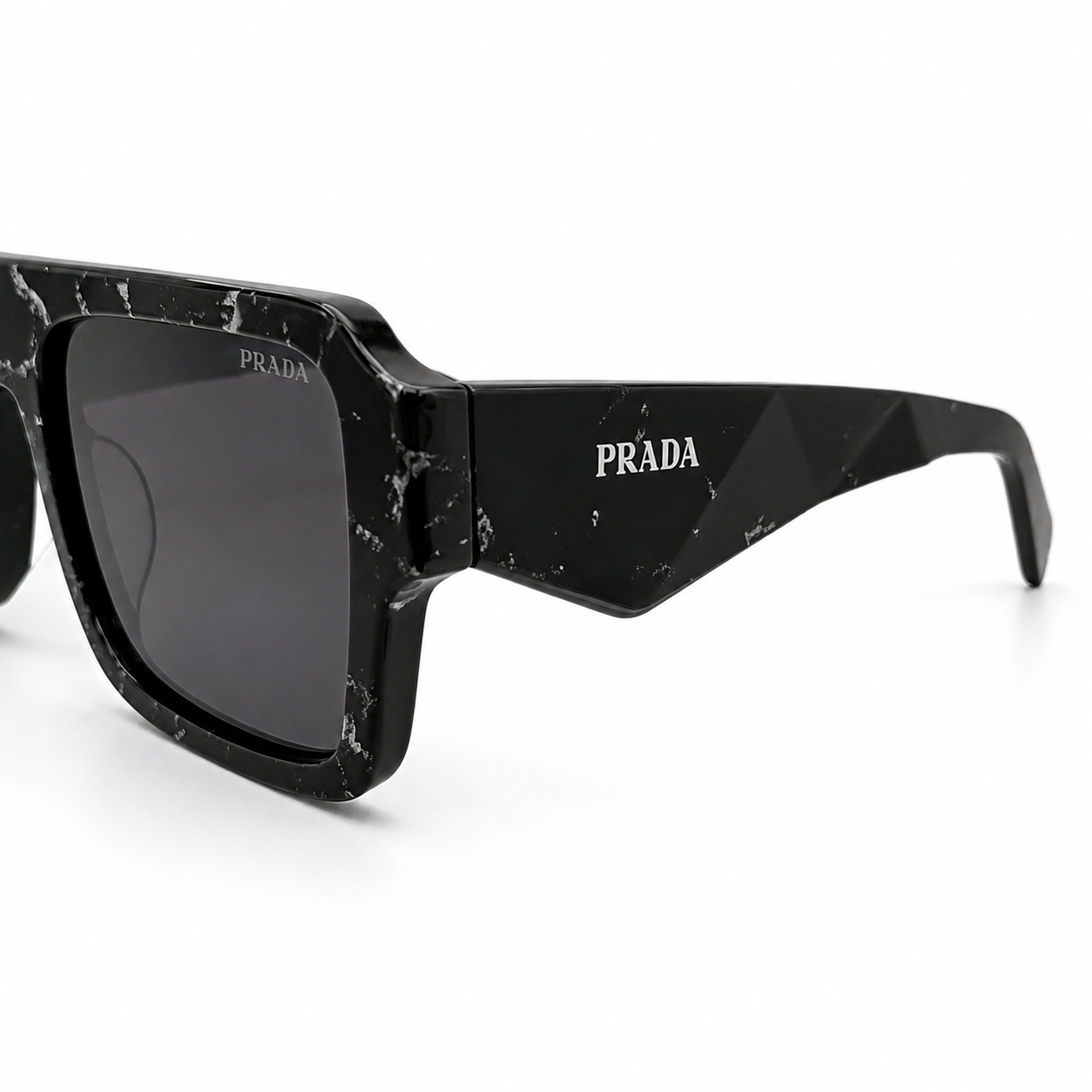 Prada A05 Marbled Rectangle Sunglasses for Men & Women – Black Crackled Acetate Frame, Silver-Fleck Detail, Grey UV Lenses – Luxury Designer Eyewear