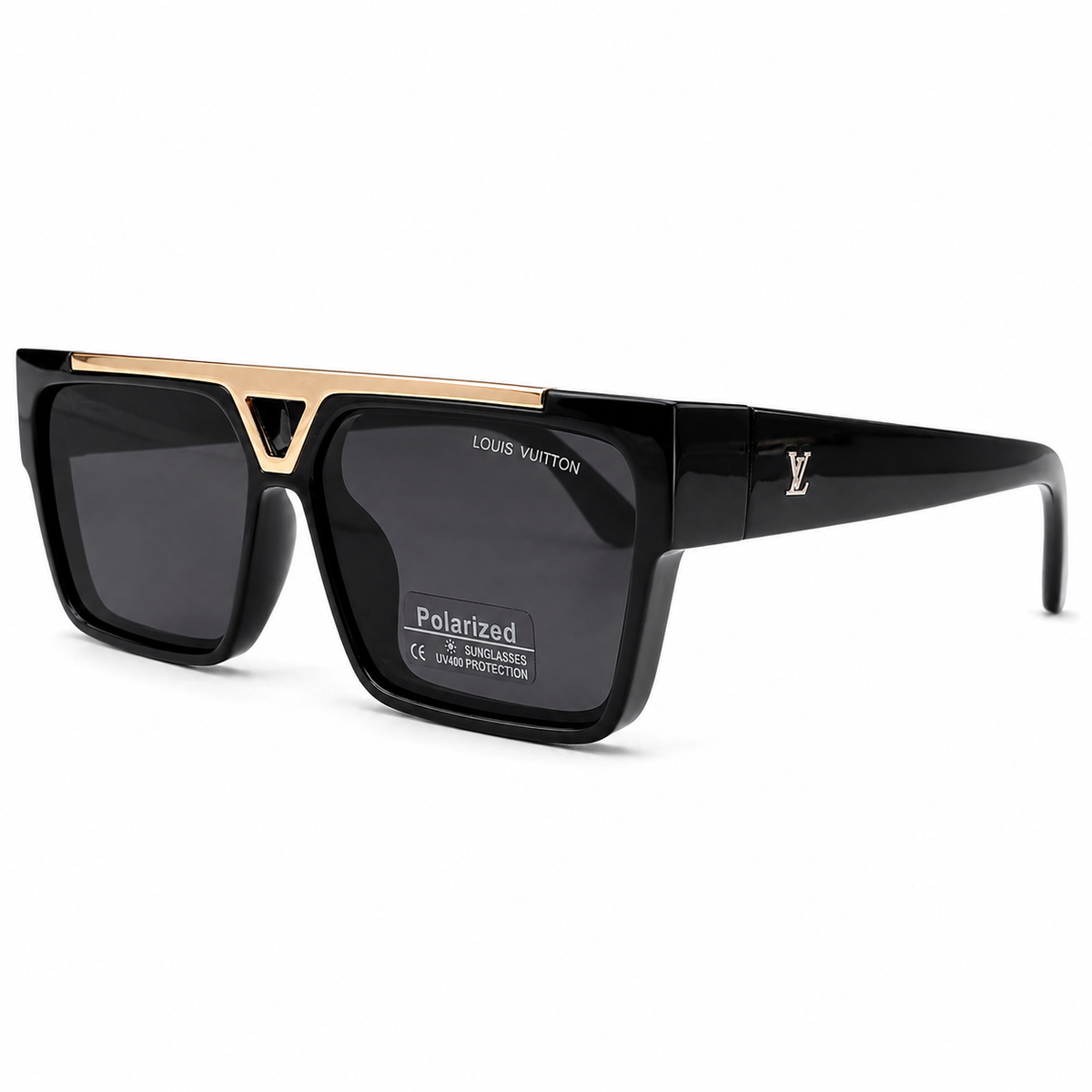 Louis Vuitton 98360 Luxury Square Sunglasses - Glossy Black Acetate with Gold Bar Bridge & Polarized Dark Grey UV400 Lenses