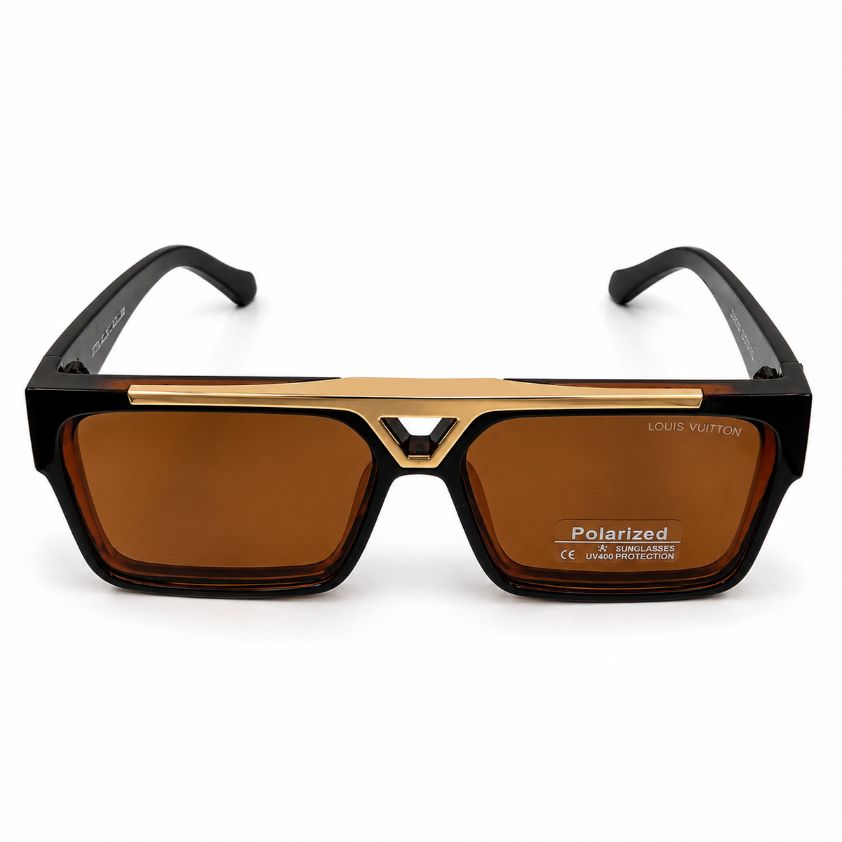 Louis Vuitton 98360 Luxury Square Sunglasses - Black & Brown Acetate Frame with Gold Bar Bridge & Polarized Brown UV400 Lenses