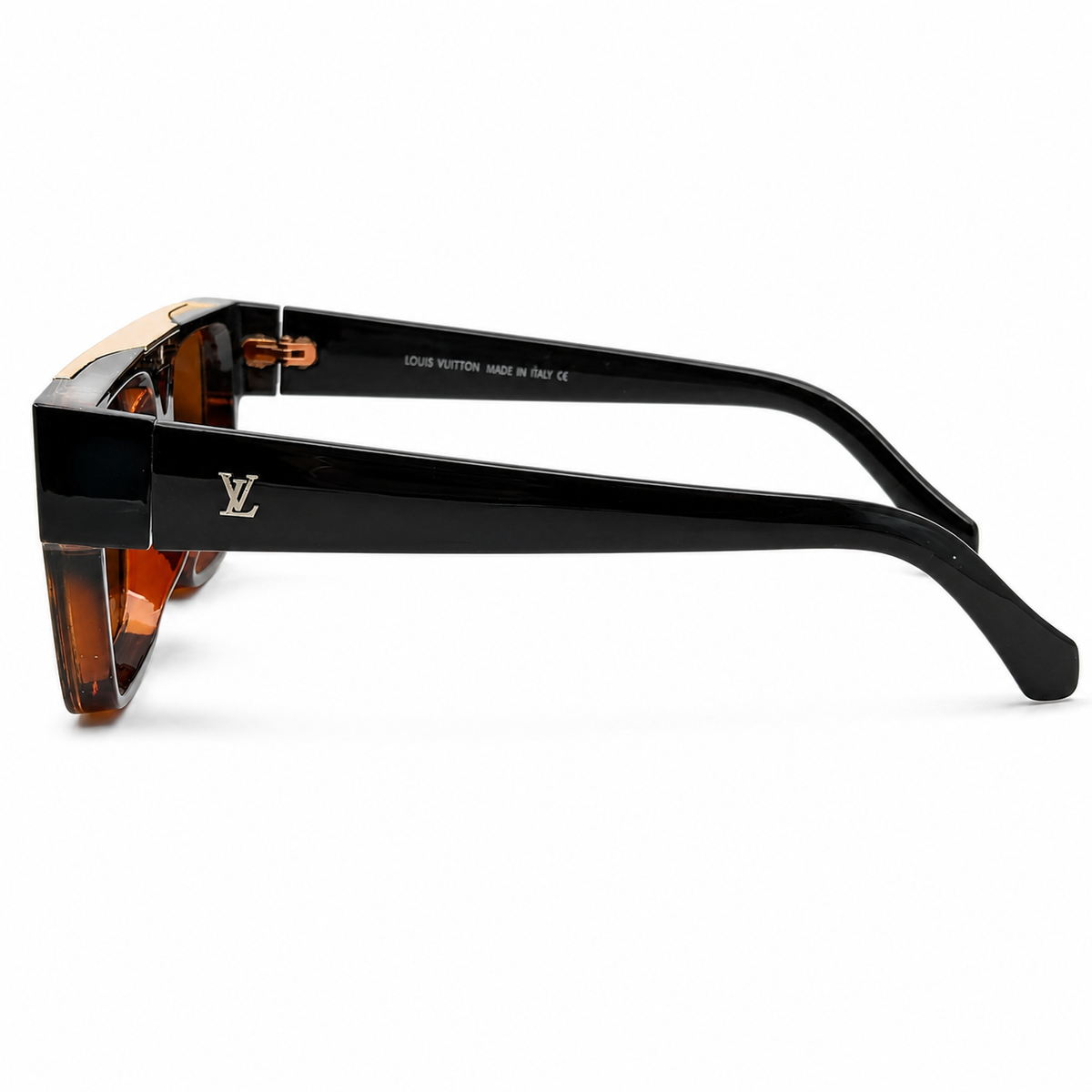 Louis Vuitton 98360 Luxury Square Sunglasses - Black & Brown Acetate Frame with Gold Bar Bridge & Polarized Brown UV400 Lenses