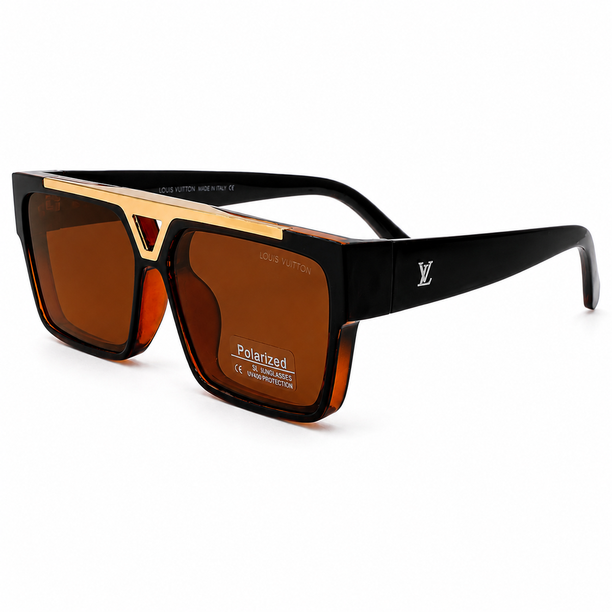 Louis Vuitton 98360 Luxury Square Sunglasses - Black & Brown Acetate Frame with Gold Bar Bridge & Polarized Brown UV400 Lenses