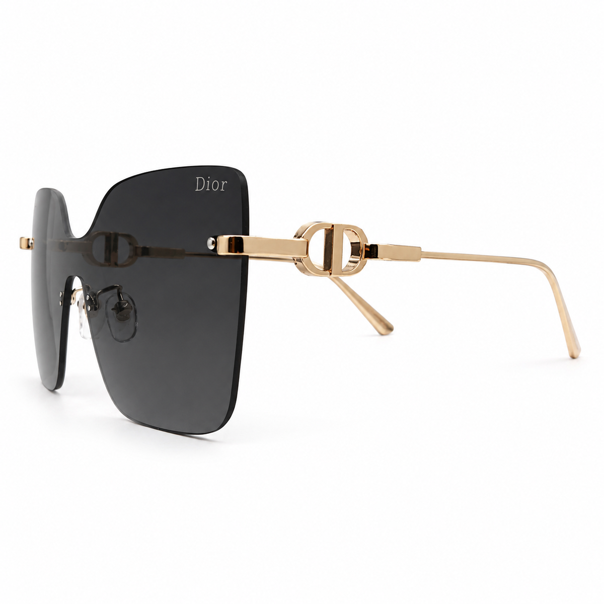Dior 1011 Luxury Rimless Square Sunglasses - Dark Grey Tinted Lenses with Gold Chain-Link Temple Detail