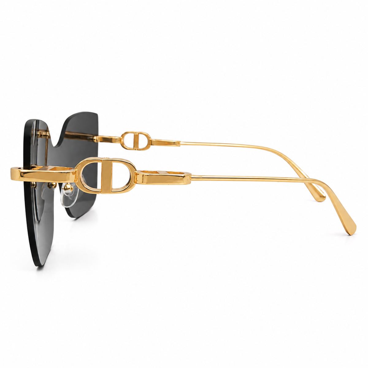 Dior 1011 Luxury Rimless Square Sunglasses - Dark Grey Tinted Lenses with Gold Chain-Link Temple Detail