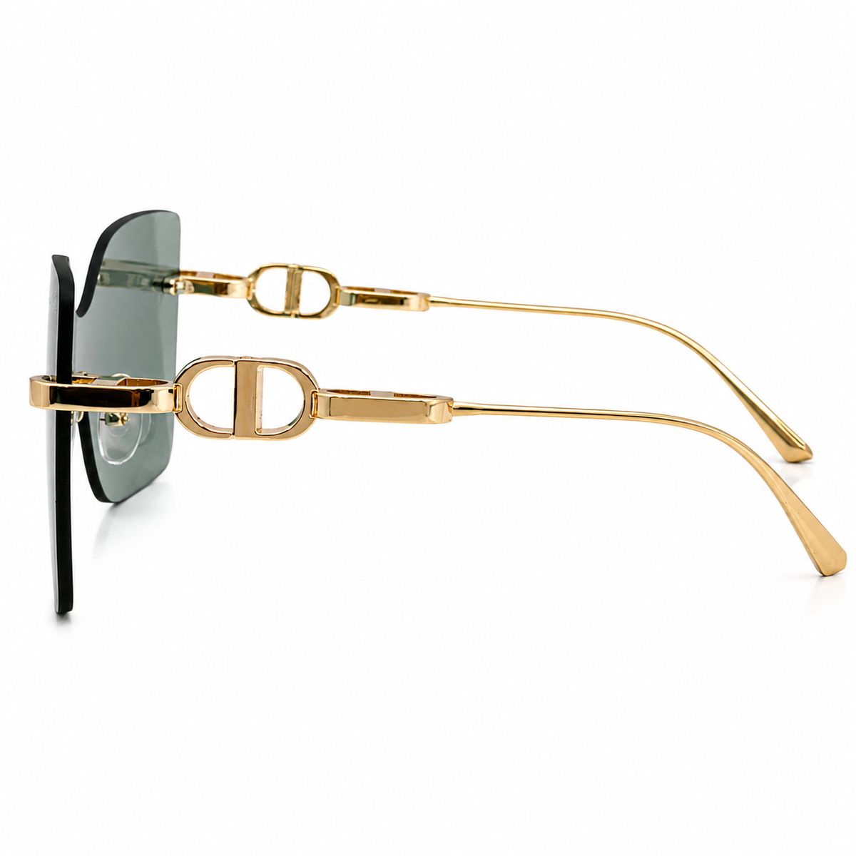 Dior 1011 Luxury Rimless Square Sunglasses - Sage Green Tinted Lenses with Gold Chain-Link Temple Detail