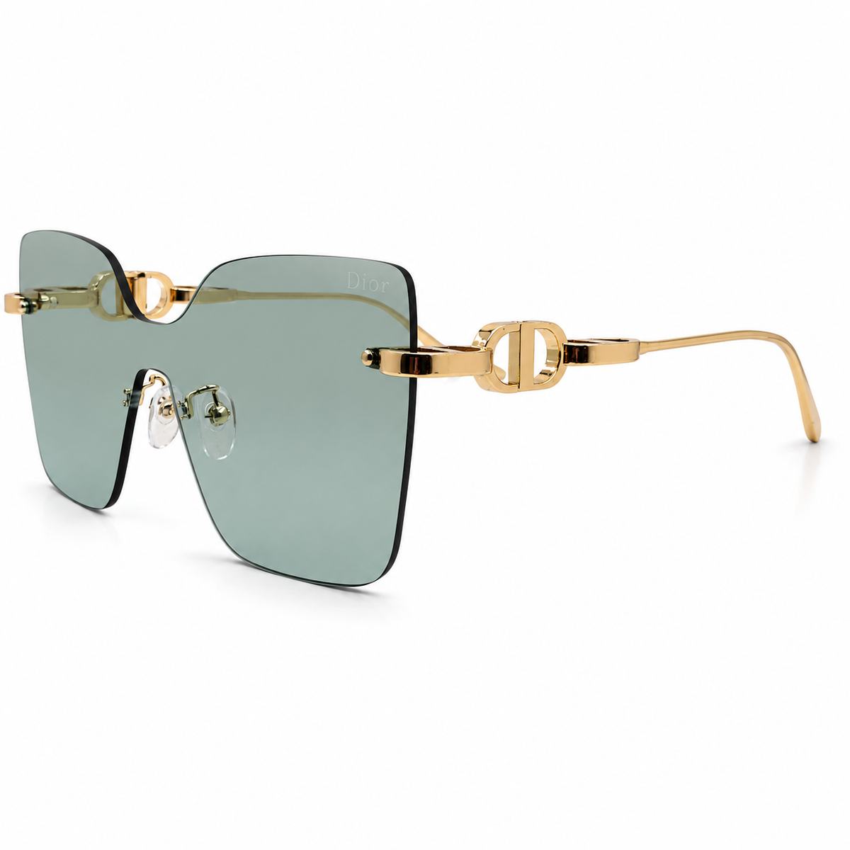 Dior 1011 Luxury Rimless Square Sunglasses - Sage Green Tinted Lenses with Gold Chain-Link Temple Detail