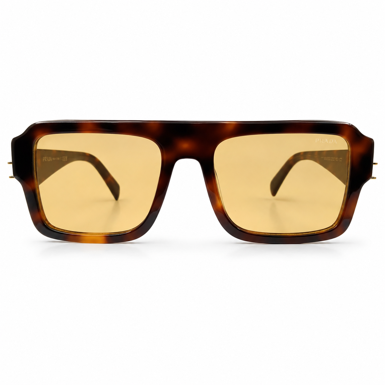 Prada A05 Bold Rectangle Sunglasses for Men & Women – Tortoise Acetate Frame, Gold Hardware Detail, Yellow-Tint Lenses – Luxury Designer Eyewear