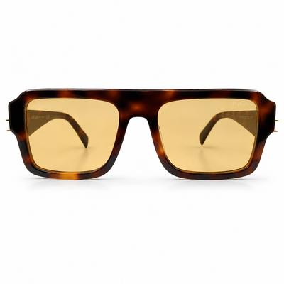 Prada A05 Bold Rectangle Sunglasses for Men & Women – Tortoise Acetate Frame, Gold Hardware Detail, Yellow-Tint Lenses – Luxury Designer Eyewear