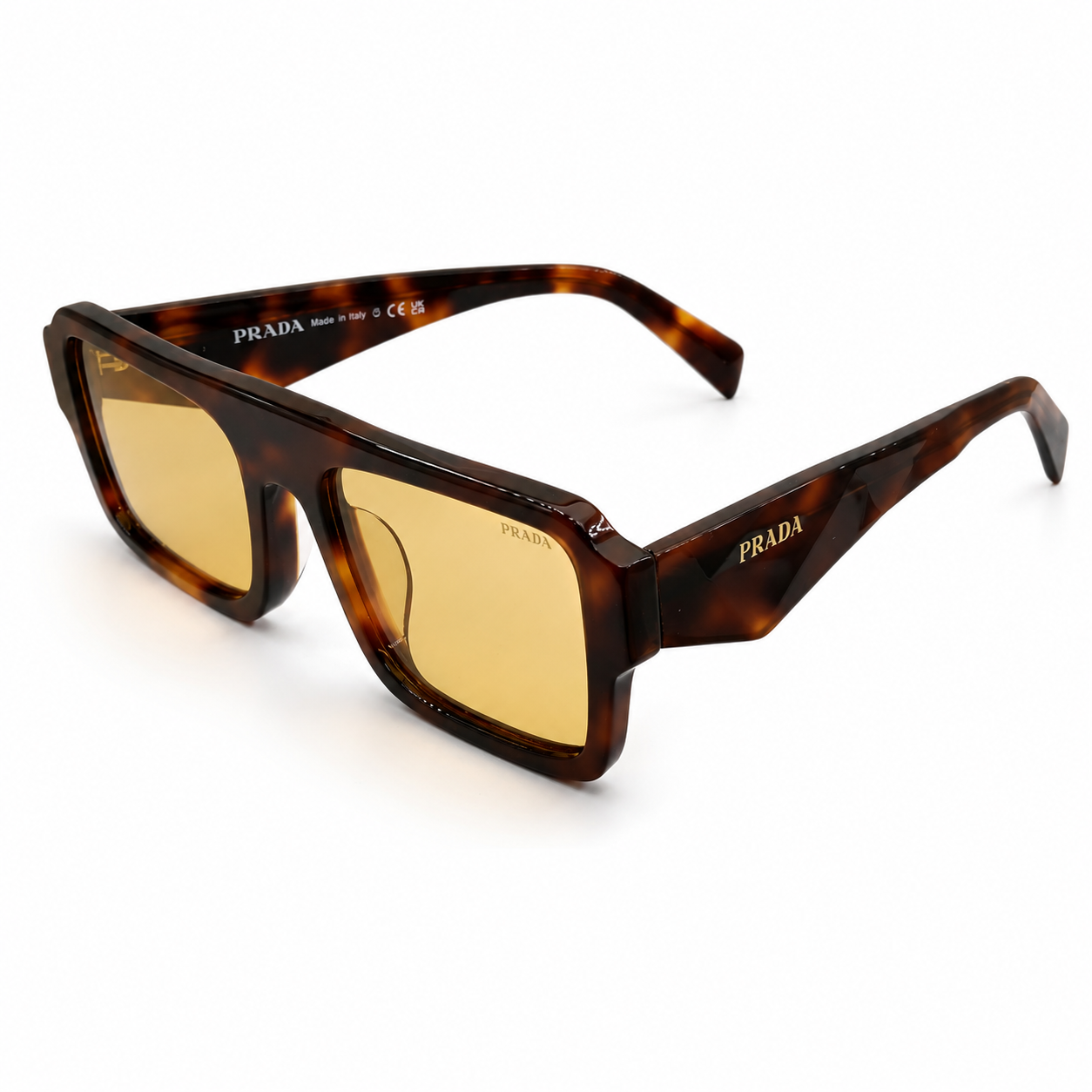 Prada A05 Bold Rectangle Sunglasses for Men & Women – Tortoise Acetate Frame, Gold Hardware Detail, Yellow-Tint Lenses – Luxury Designer Eyewear