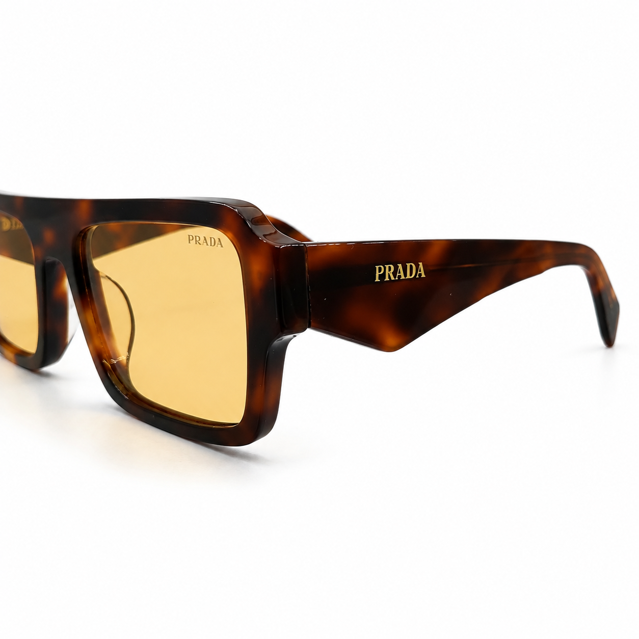 Prada A05 Bold Rectangle Sunglasses for Men & Women – Tortoise Acetate Frame, Gold Hardware Detail, Yellow-Tint Lenses – Luxury Designer Eyewear