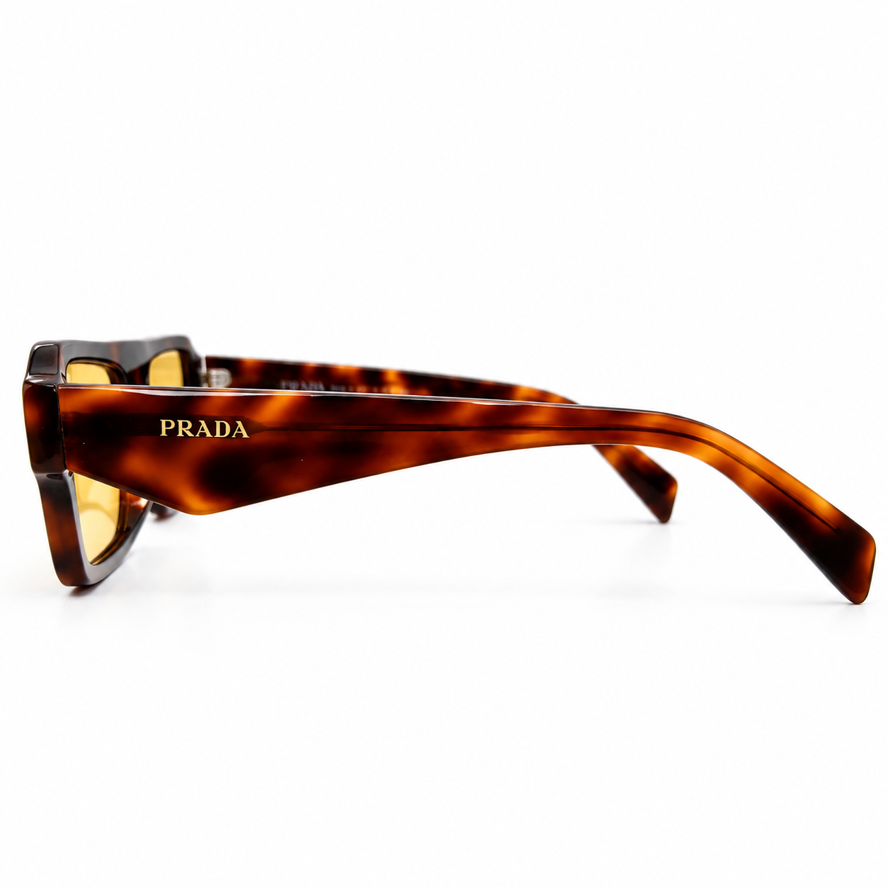 Prada A05 Bold Rectangle Sunglasses for Men & Women – Tortoise Acetate Frame, Gold Hardware Detail, Yellow-Tint Lenses – Luxury Designer Eyewear