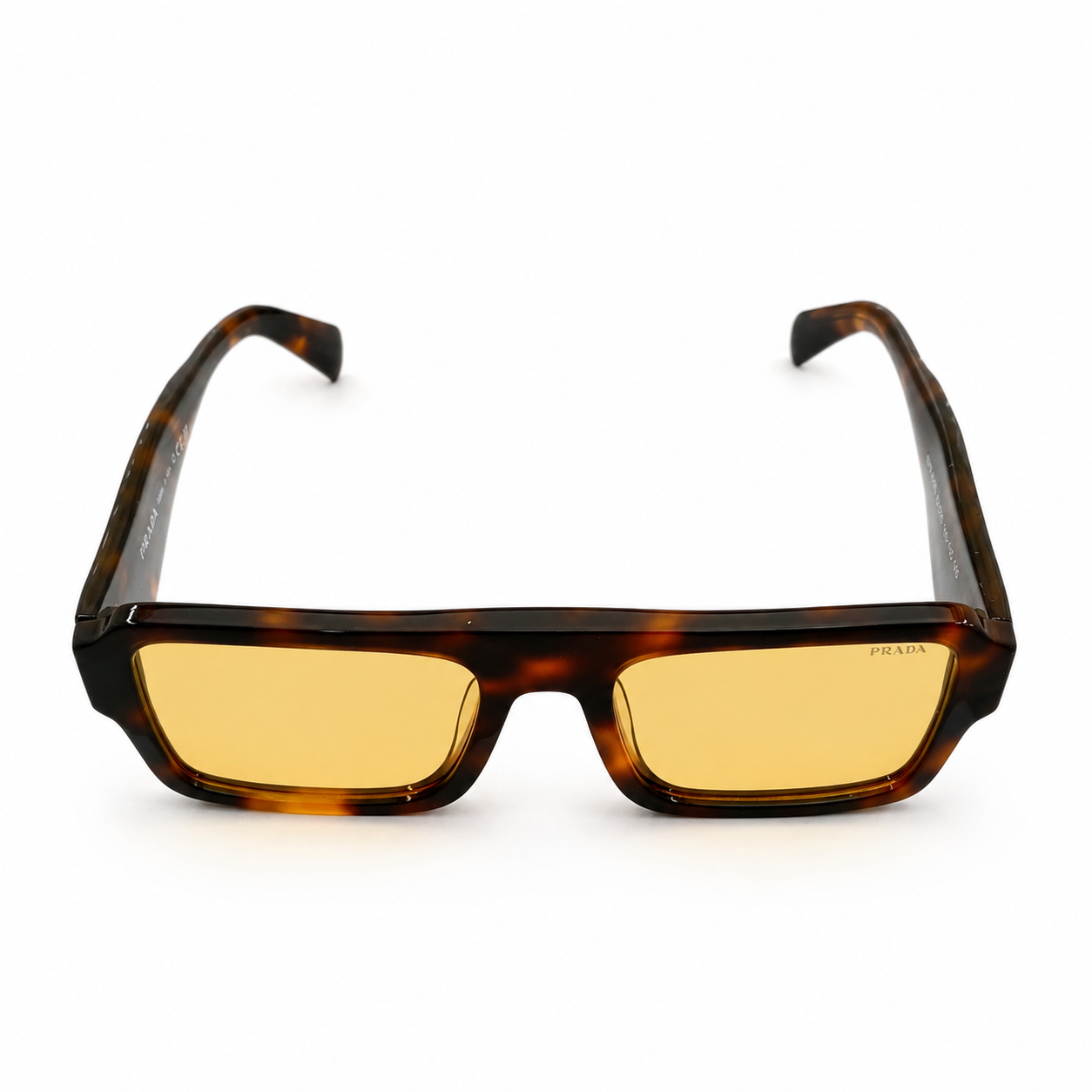 Prada A05 Bold Rectangle Sunglasses for Men & Women – Tortoise Acetate Frame, Gold Hardware Detail, Yellow-Tint Lenses – Luxury Designer Eyewear