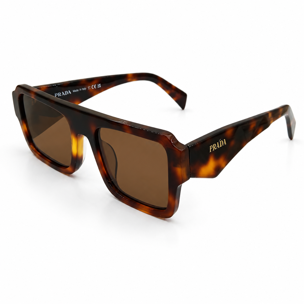 Prada A05 Bold Rectangle Sunglasses for Men & Women – Tortoise Acetate Frame, Gold Hardware Detail, Brown UV Lenses – Luxury Designer Eyewear